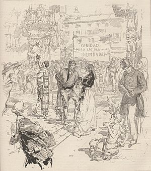Archivo:1879-11-29, Le Monde illustré, L'Estudiantina murcienne quétant dans les rues de Madrid pour les inondés, Vierge (cropped)