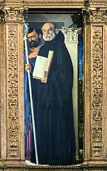 Frari (Venice) - Sacristy - triptych by Giovanni Bellini - Saint Benedict of Nursia and Saint Mark.jpg