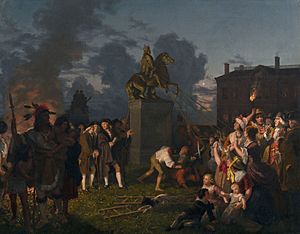 Archivo:Johannes Adam Simon Oertel Pulling Down the Statue of King George III, N.Y.C. ca. 1859