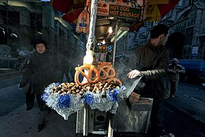 Archivo:NYC Hot Dog & Pretzel Cart, Christmas Day 2008 (3137344866)
