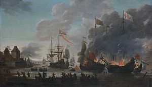 Archivo:The Dutch burn English ships during the expedition to Chatham (Raid on Medway, 1667)(Jan van Leyden, 1669)