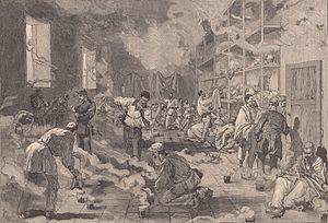 Archivo:1878-11-23, Le Monde illustré, Leganés près Madrid, Précautions prises contre la fiévre jaune, Les fumigations qu'on fait subir à l'armée revenant de Cuba, Vierge (cropped)