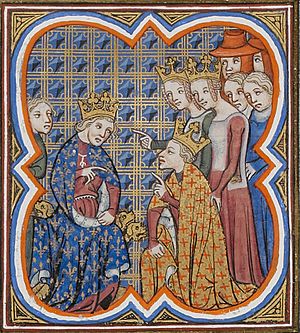 Archivo:Charles the Bad, king of Navarre, pardoned by John the Good as the queens Blanche of Navarre and Jeanne of Evreux