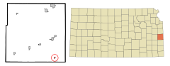 Linn County Kansas Incorporated and Unincorporated areas Prescott Highlighted.svg