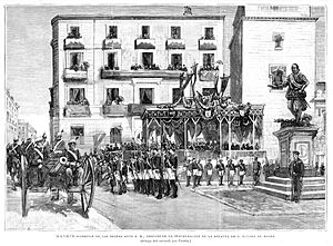 Archivo:Madrid. — Desfile de las tropas ante su S. M., después de la inauguración de la estatua de D. Álvaro de Bazán