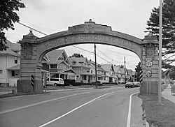 Endicott-Johnson Workers Arch, approximately 250' east of intersection of Bridge, Endicott (Broome County, New York).jpg