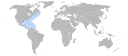 Distribución de la tortuga bastarda (en azul) y principales playas de nidificación (en rojo)