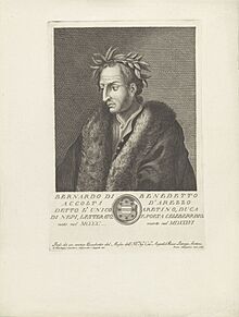 Portret van Bernardo Accolti Portretten van beroemde Italianen met wapenschild in ondermarge (serietitel), RP-P-1909-4600.jpg